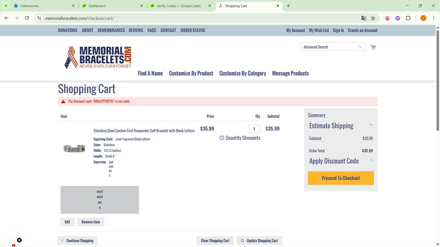 Memorial Bracelets promo code screenshot showing code MBSUPPORT15 applied at Memorial Bracelets checkout page. Uploaded by SimplyCodes community member MightyPro2893 on Jan 28, 2026