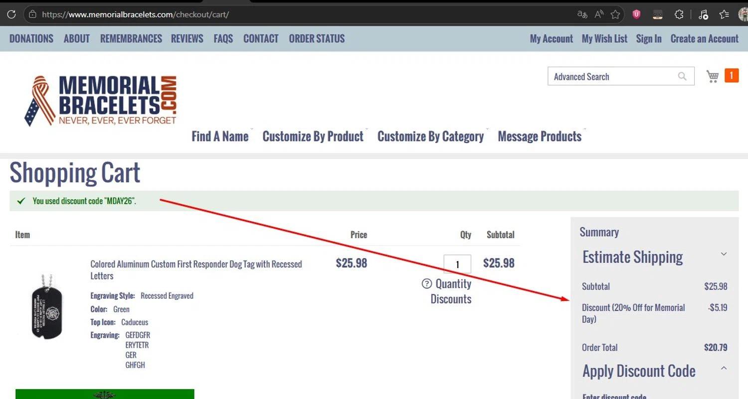 Memorial Bracelets promo code screenshot showing code MDAY26 applied at Memorial Bracelets checkout page. Uploaded by SimplyCodes community member HonestVzla on May 19, 2026