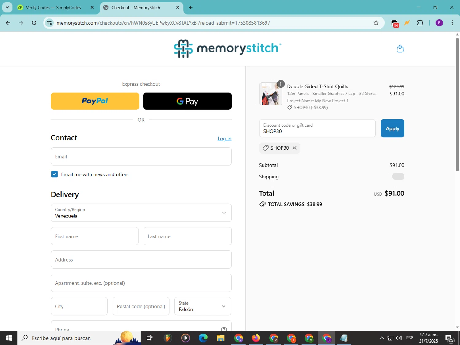 MemoryStitch promo code screenshot showing code SHOP30 applied at MemoryStitch checkout page. Uploaded by SimplyCodes community member Soyvictor on Jul 21, 2025