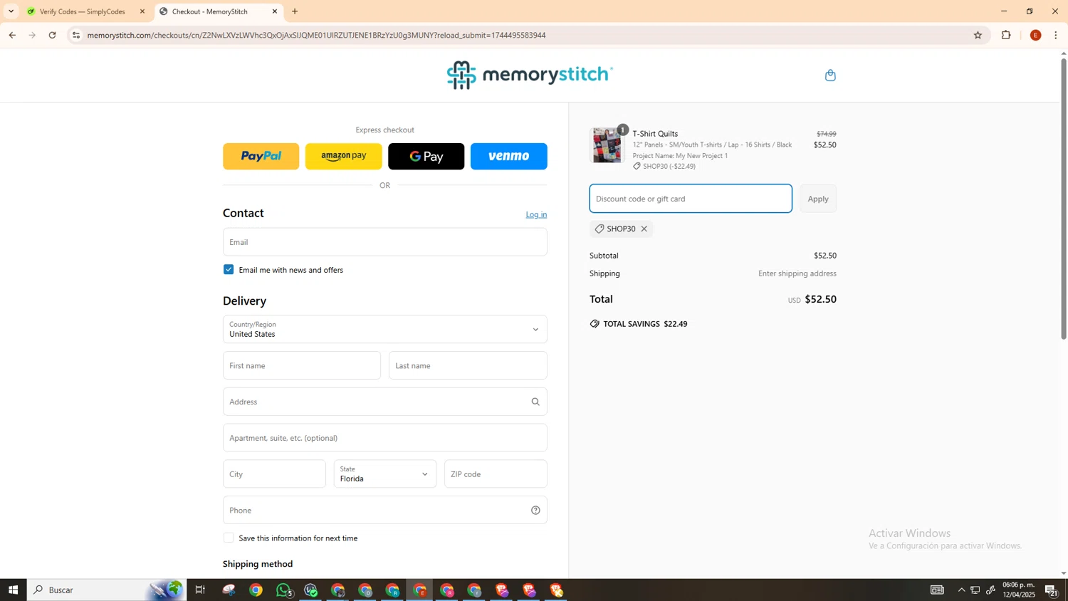 MemoryStitch promo code screenshot showing code SHOP30 applied at MemoryStitch checkout page. Uploaded by SimplyCodes community member MoneyScout5902 on Apr 12, 2025
