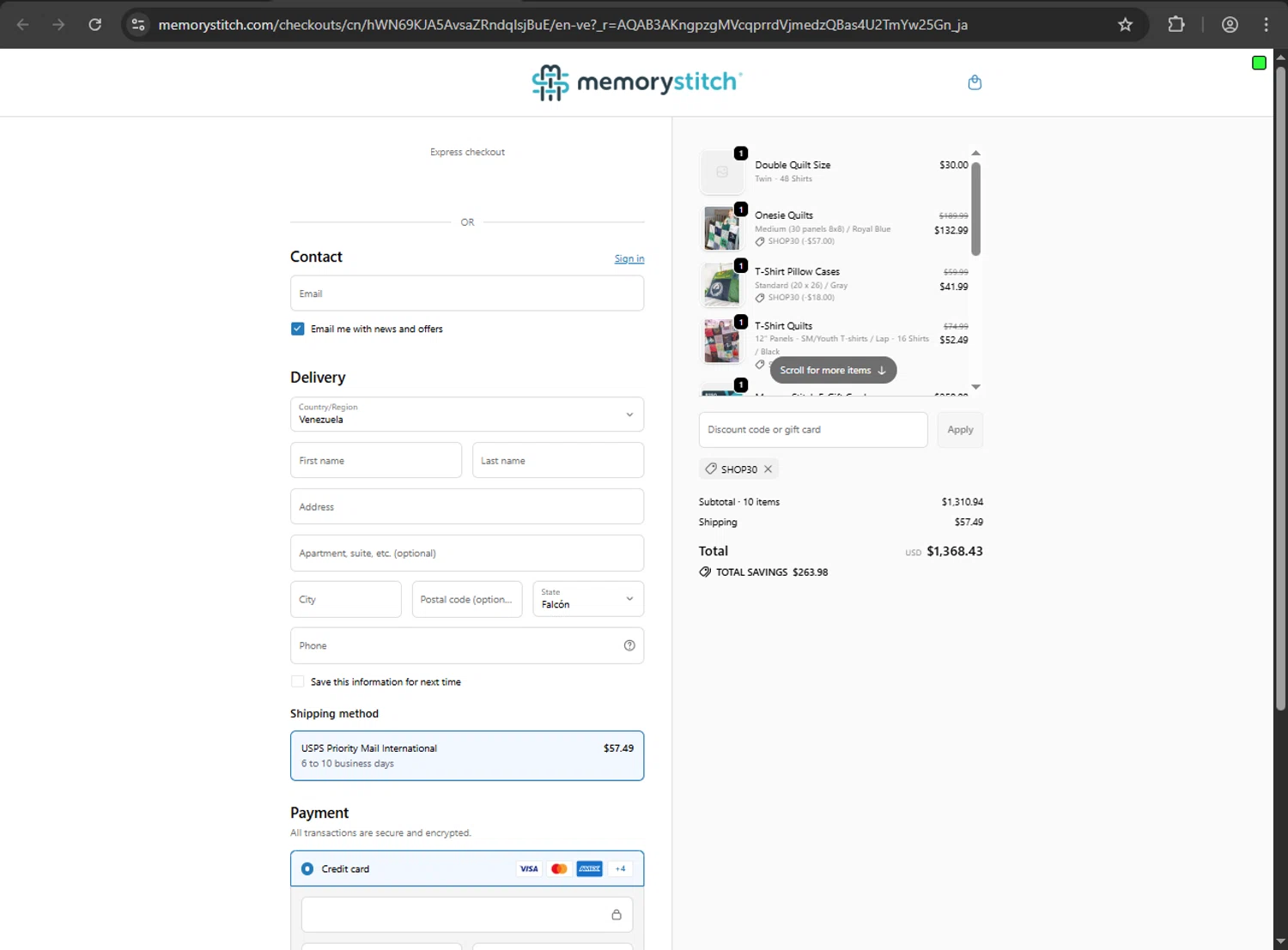 MemoryStitch promo code screenshot showing code SHOP30 applied at MemoryStitch checkout page. Uploaded by SimplyCodes community member zzzzzzza on Dec 7, 2025