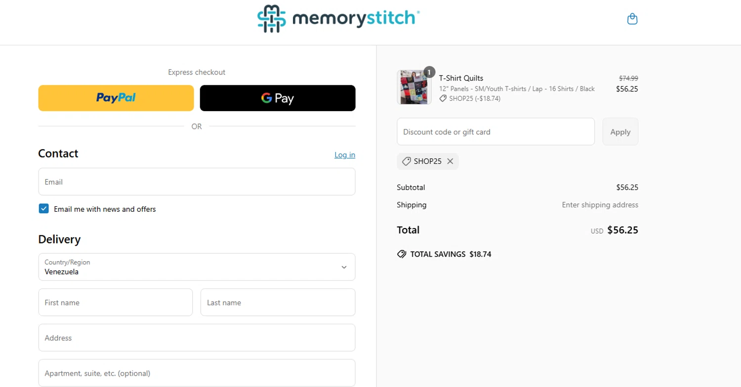 MemoryStitch promo code screenshot showing code SHOP25 applied at MemoryStitch checkout page. Uploaded by SimplyCodes community member jenifferalvarez on Apr 30, 2025
