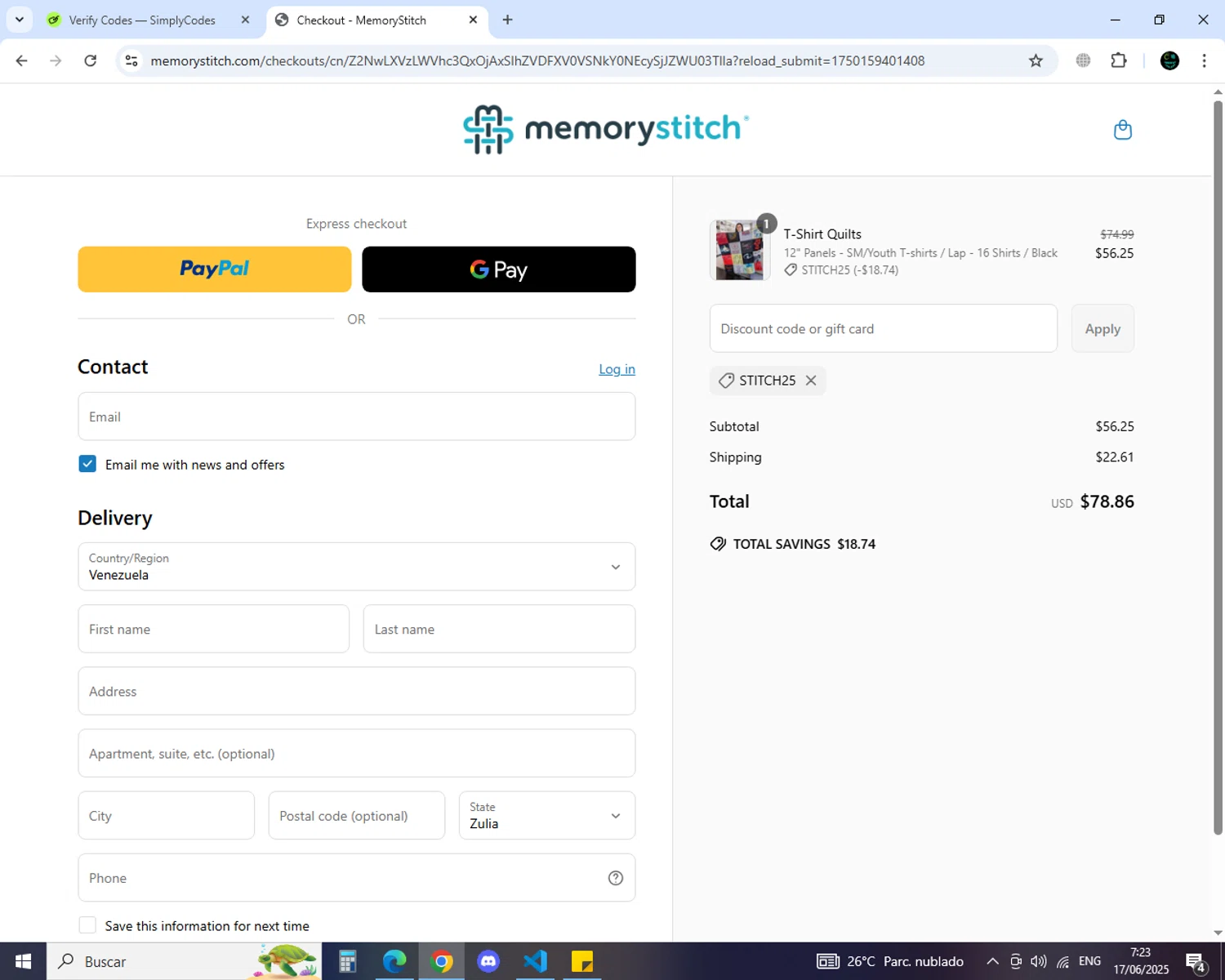 MemoryStitch promo code screenshot showing code Stitch25 applied at MemoryStitch checkout page. Uploaded by SimplyCodes community member GoldSaver5472 on Jun 17, 2025