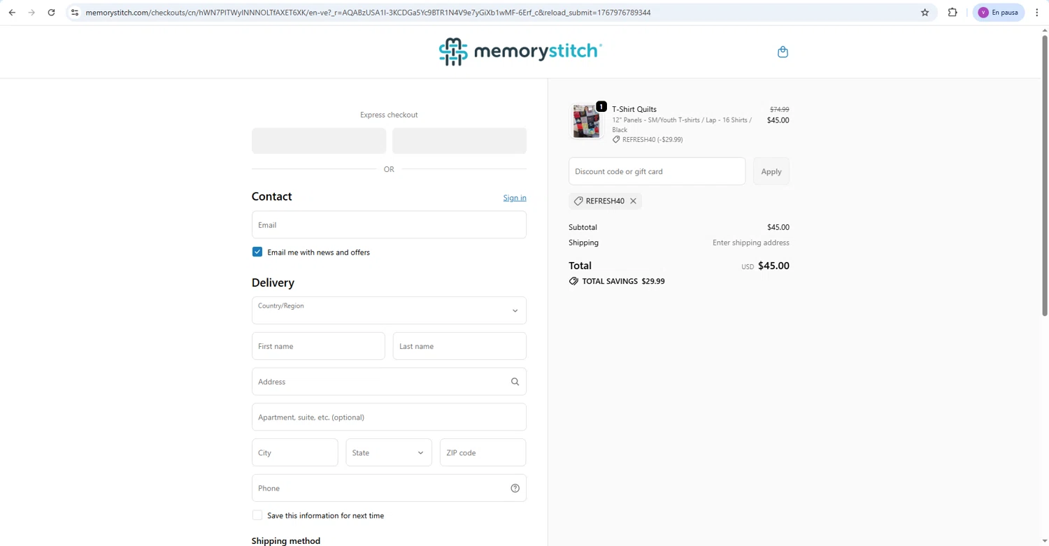 MemoryStitch checkout page showing MemoryStitch promo code box | Screenshot taken by SimplyCodes community member on Jan 9, 2026