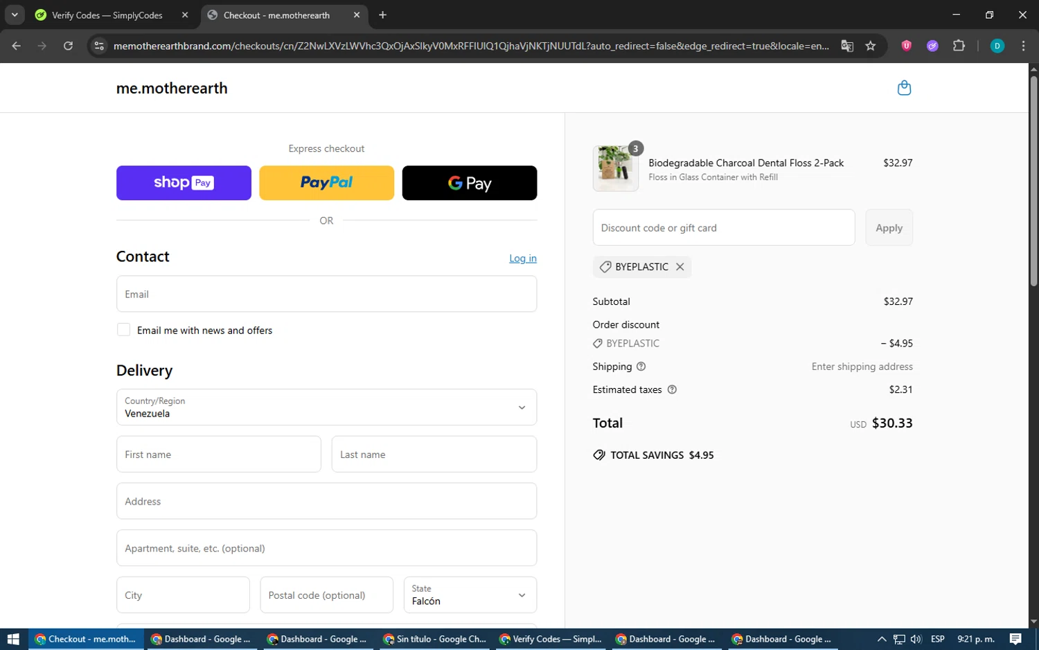 Me Mother Earth promo code screenshot showing code ByePlastic applied at Me Mother Earth checkout page. Uploaded by SimplyCodes community member BonusPilot3825 on Jun 19, 2025