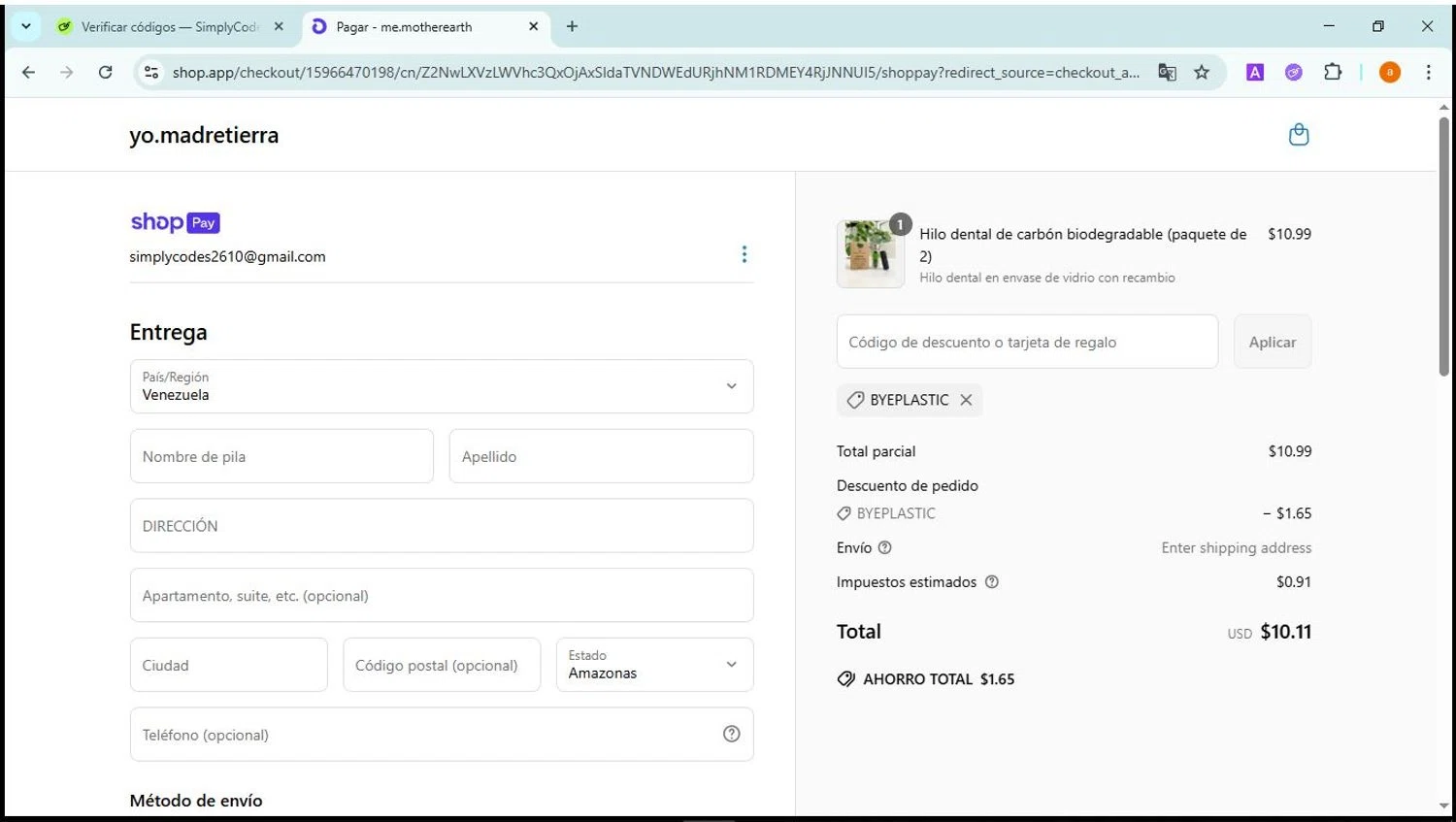 Me Mother Earth promo code screenshot showing code ByePlastic applied at Me Mother Earth checkout page. Uploaded by SimplyCodes community member David81 on Jun 5, 2025