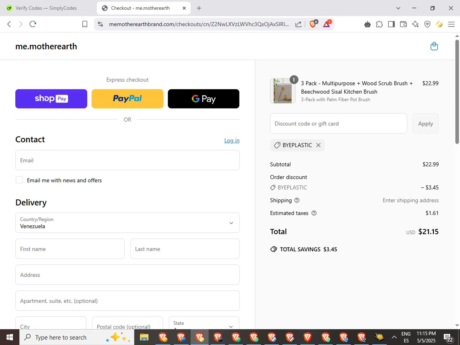 Me Mother Earth promo code screenshot showing code ByePlastic applied at Me Mother Earth checkout page. Uploaded by SimplyCodes community member GoldGuardian667 on May 6, 2025