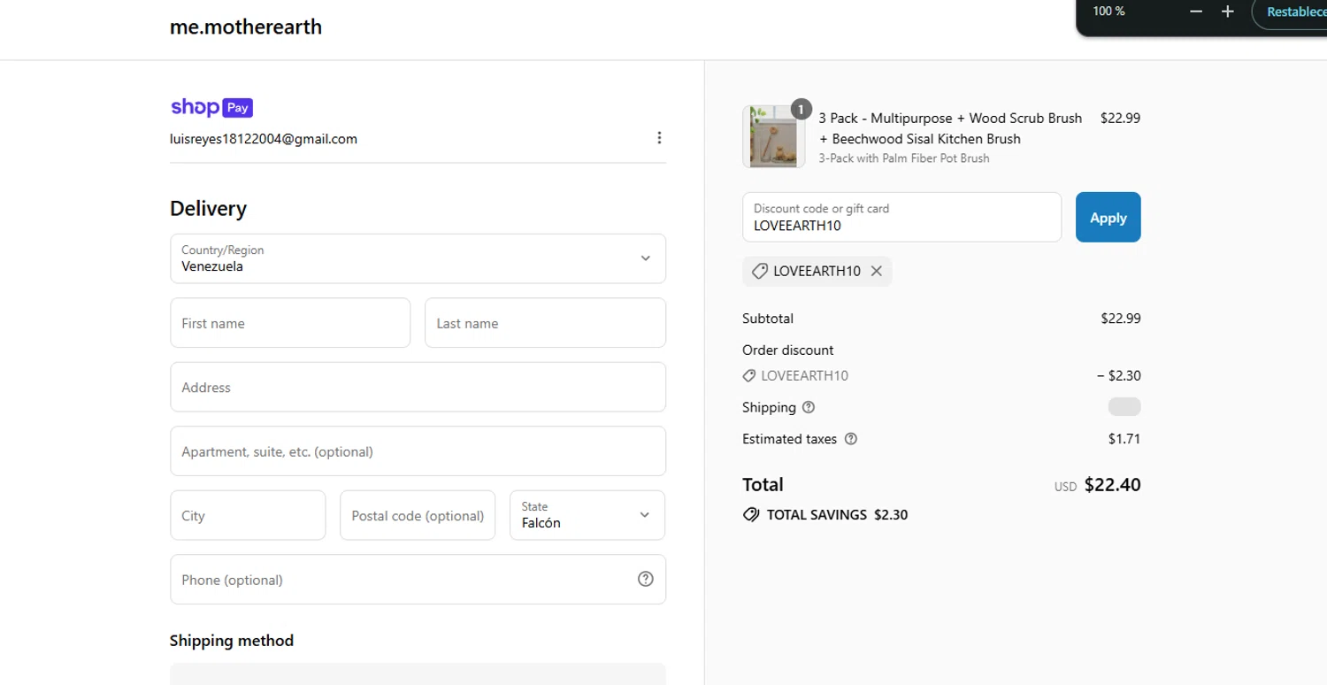 Me Mother Earth promo code screenshot showing code LOVEEARTH10 applied at Me Mother Earth checkout page. Uploaded by SimplyCodes community member PrimeFalcon5548 on Jul 10, 2025