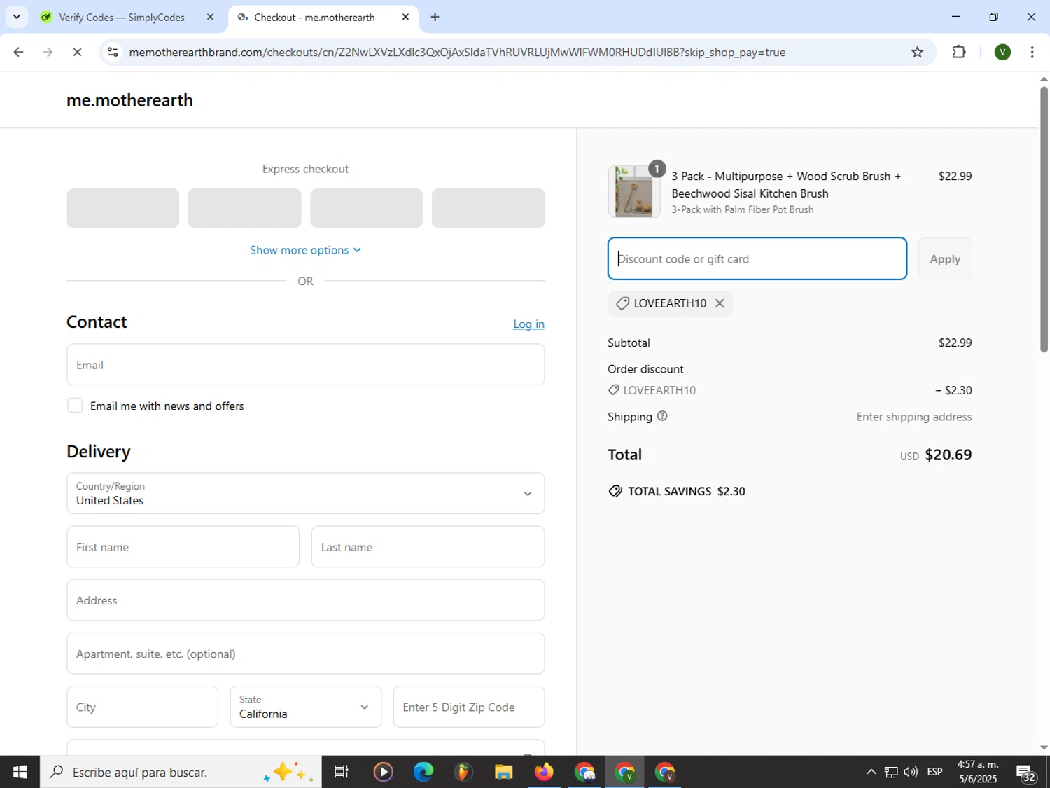 Me Mother Earth promo code screenshot showing code LOVEEARTH10 applied at Me Mother Earth checkout page. Uploaded by SimplyCodes community member PrimeWizard4168 on Jun 5, 2025