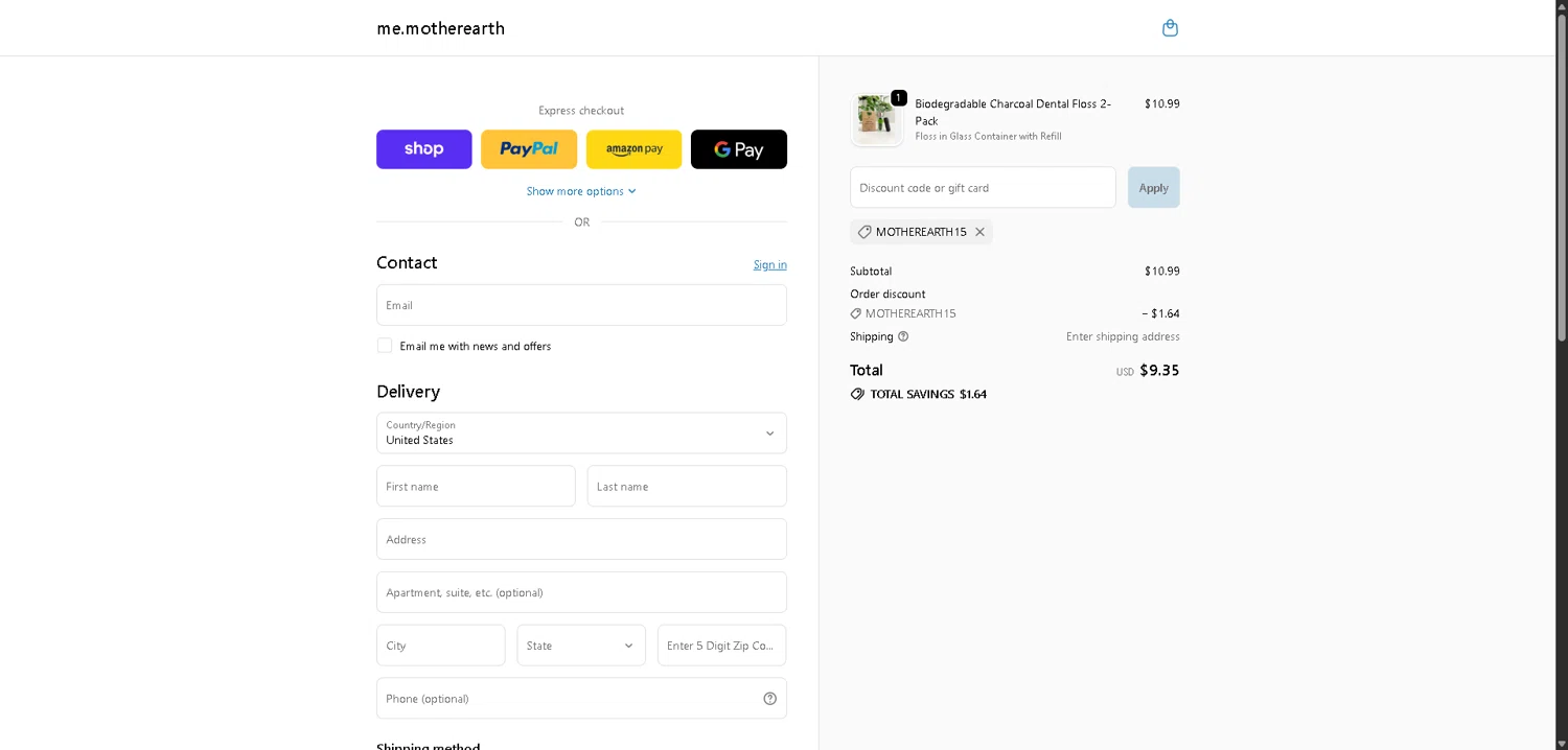 Me Mother Earth promo code screenshot showing code MOTHEREARTH15 applied at Me Mother Earth checkout page. Uploaded by SimplyCodes community member CleverLynx8583 on Dec 28, 2025