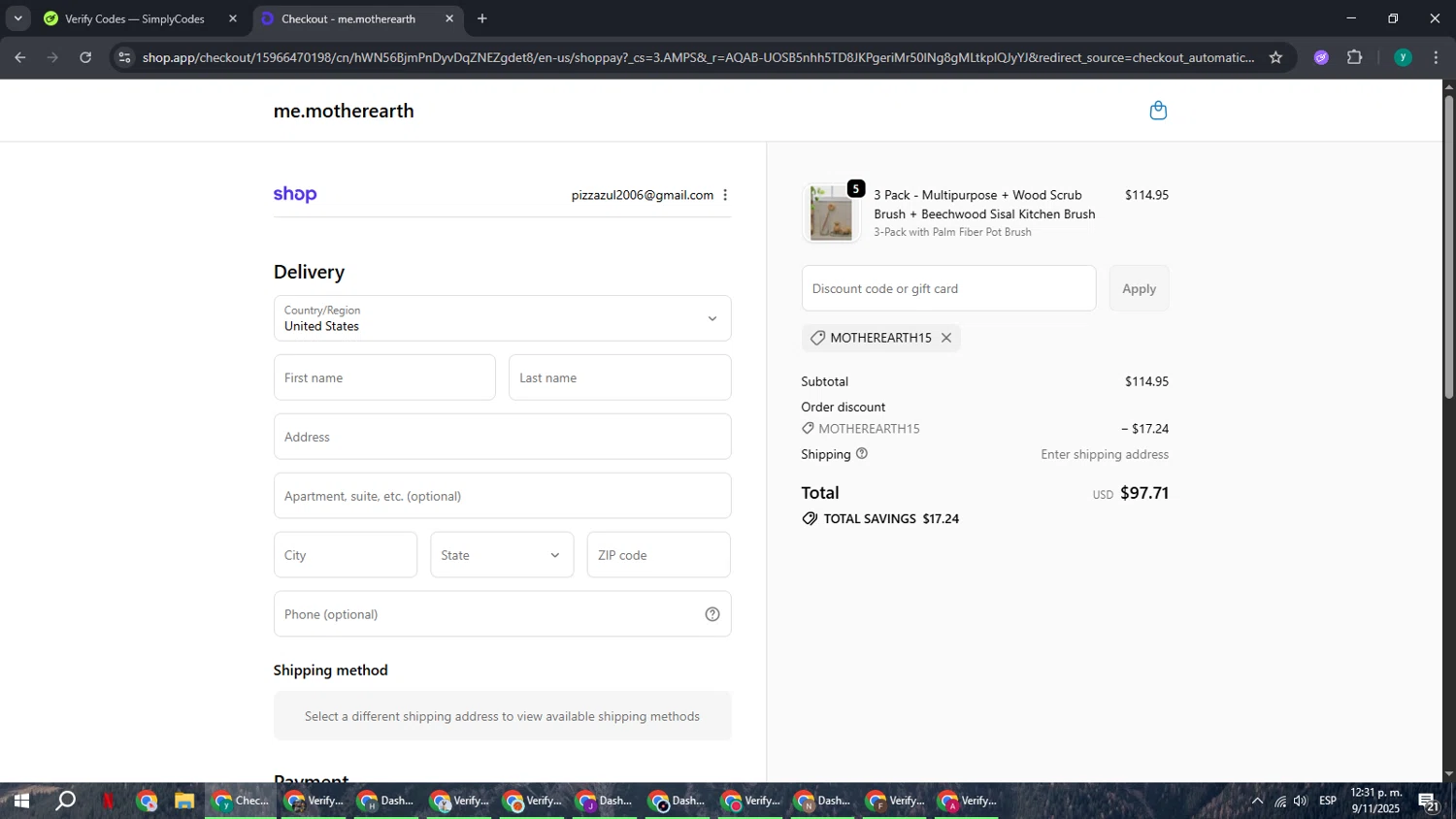 Me Mother Earth promo code screenshot showing code MOTHEREARTH15 applied at Me Mother Earth checkout page. Uploaded by SimplyCodes community member FrugalCaptain6906 on Nov 9, 2025