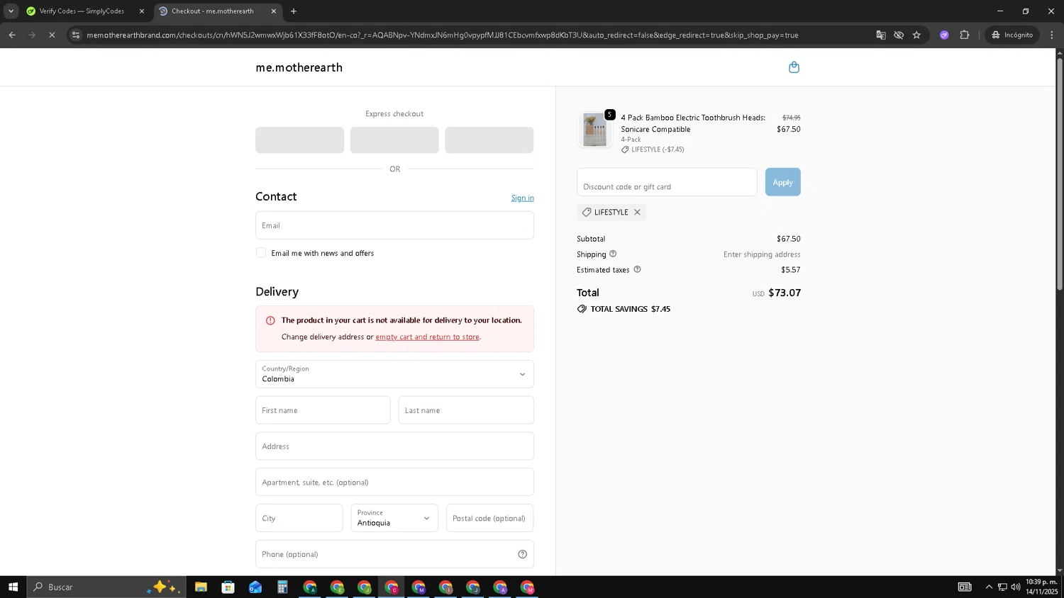 Me Mother Earth promo code screenshot showing code LIFESTYLE applied at Me Mother Earth checkout page. Uploaded by SimplyCodes community member TOROREX250 on Nov 15, 2025