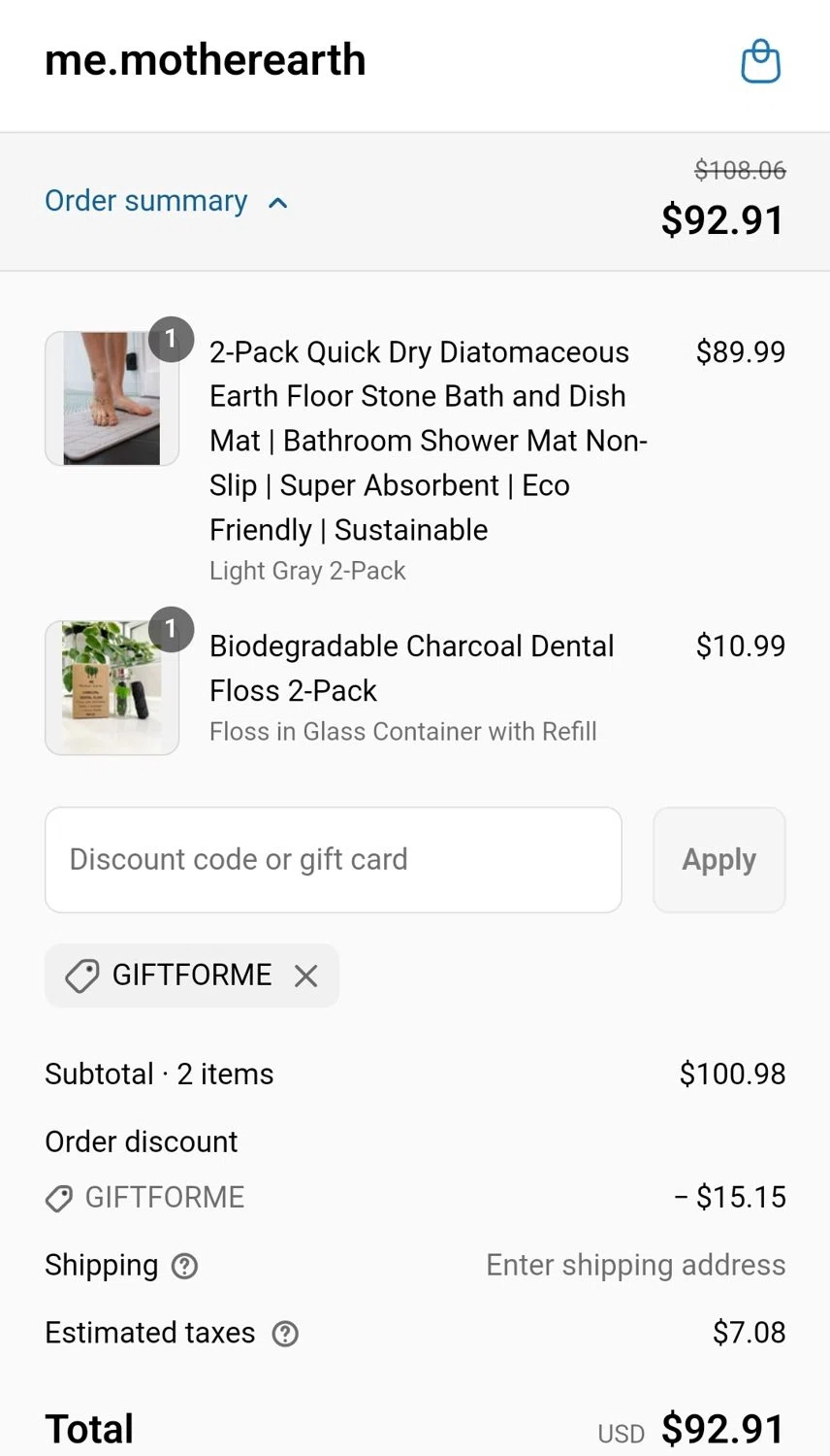 Me Mother Earth promo code screenshot showing code giftforme applied at Me Mother Earth checkout page. Uploaded by SimplyCodes community member ArgyArgy on May 5, 2025