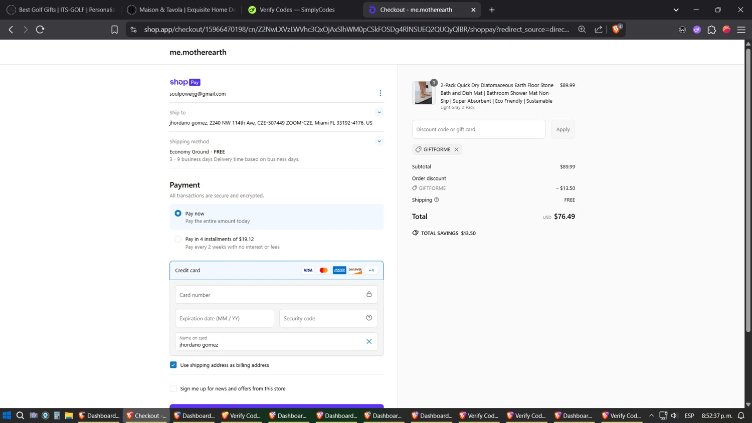 Me Mother Earth promo code screenshot showing code giftforme applied at Me Mother Earth checkout page. Uploaded by SimplyCodes community member verifier_983798000 on Jun 16, 2025