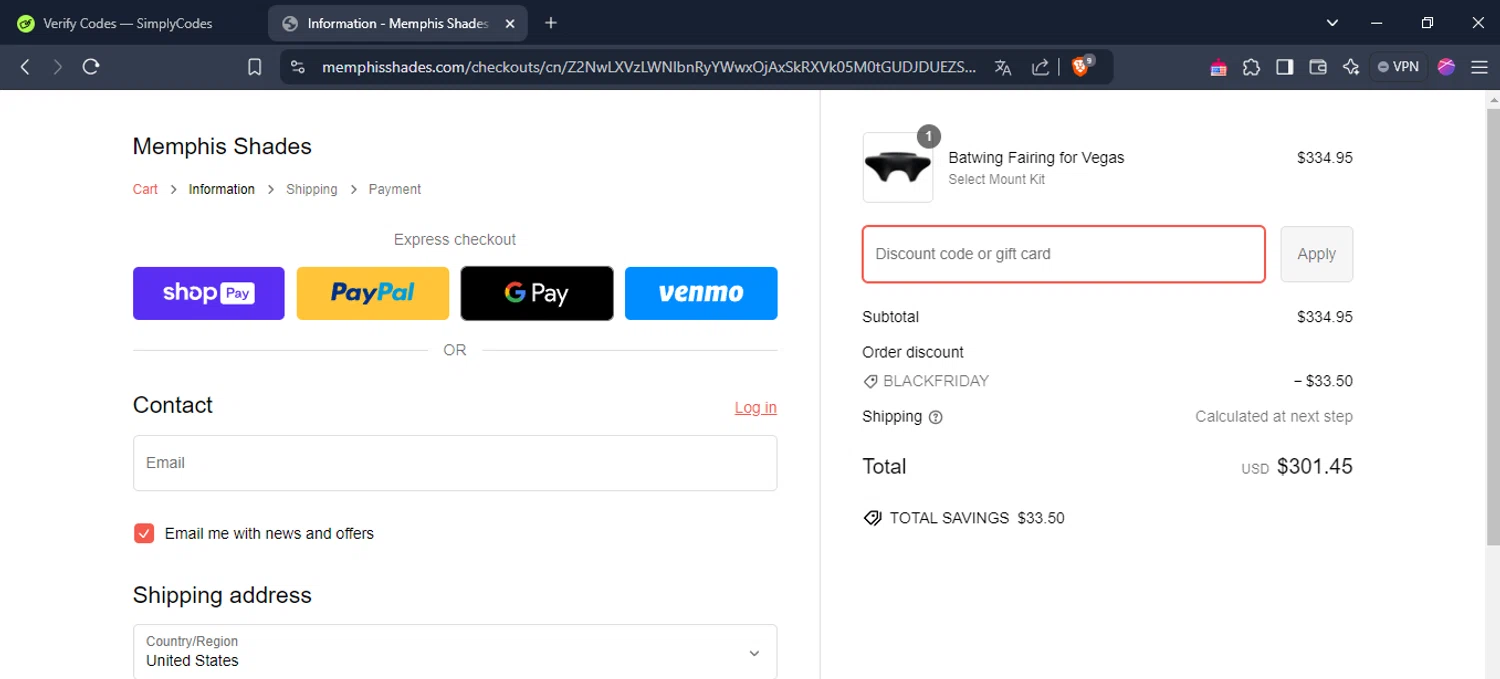Memphis Shades checkout page showing Memphis Shades discount code box | Screenshot taken by SimplyCodes community member on Nov 29, 2024