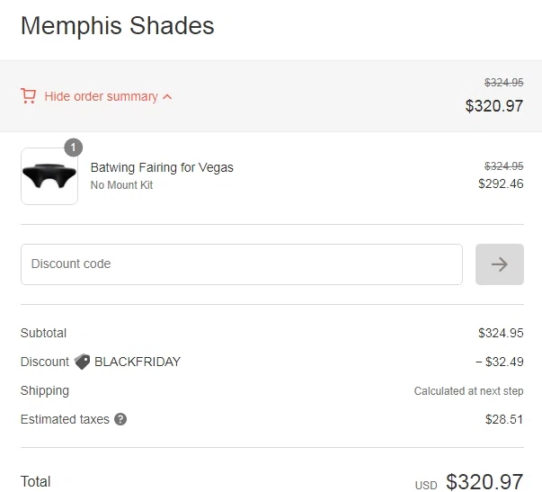 Memphis Shades checkout page showing Memphis Shades discount code box | Screenshot taken by SimplyCodes community member on Nov 27, 2022