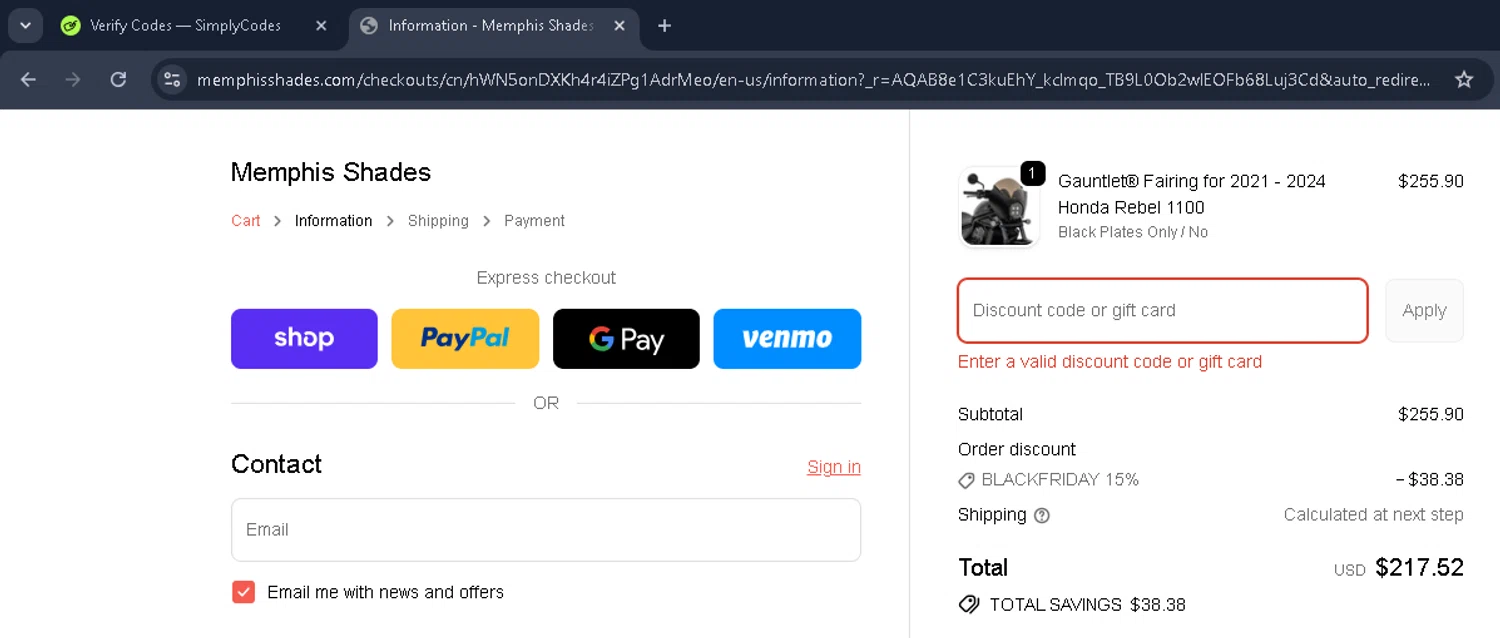 Memphis Shades discount code screenshot showing code Prebf10 applied at Memphis Shades checkout page. Uploaded by SimplyCodes community member Mykeanderon on Nov 28, 2025