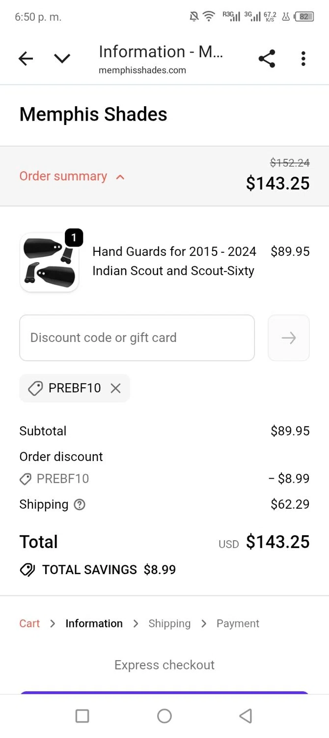 Memphis Shades discount code screenshot showing code Prebf10 applied at Memphis Shades checkout page. Uploaded by SimplyCodes community member shark12 on Nov 27, 2025