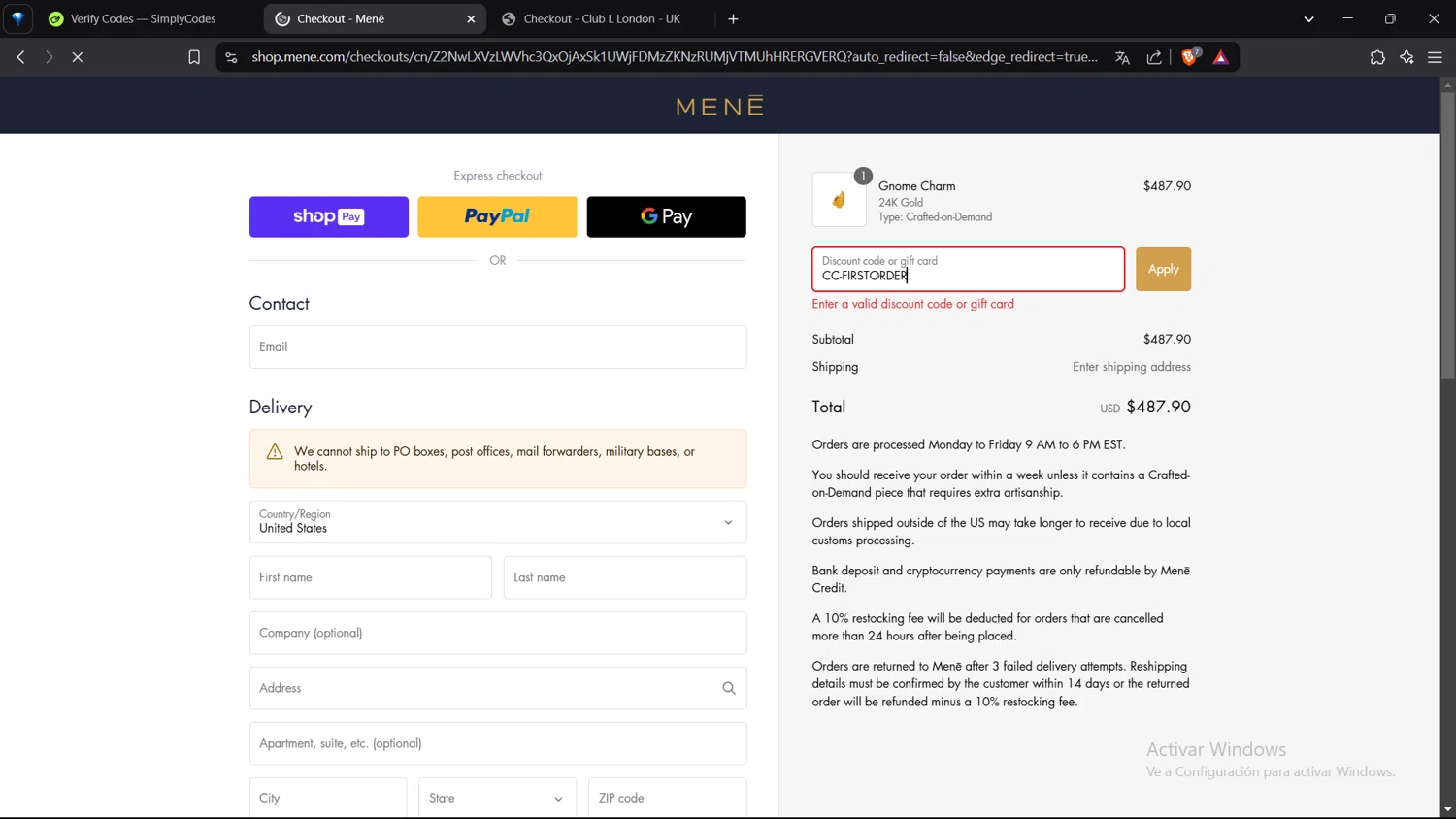 Menē promo code screenshot showing code CC-FIRSTORDER applied at Menē checkout page. Uploaded by SimplyCodes community member VoucherShopper4674 on Feb 24, 2025