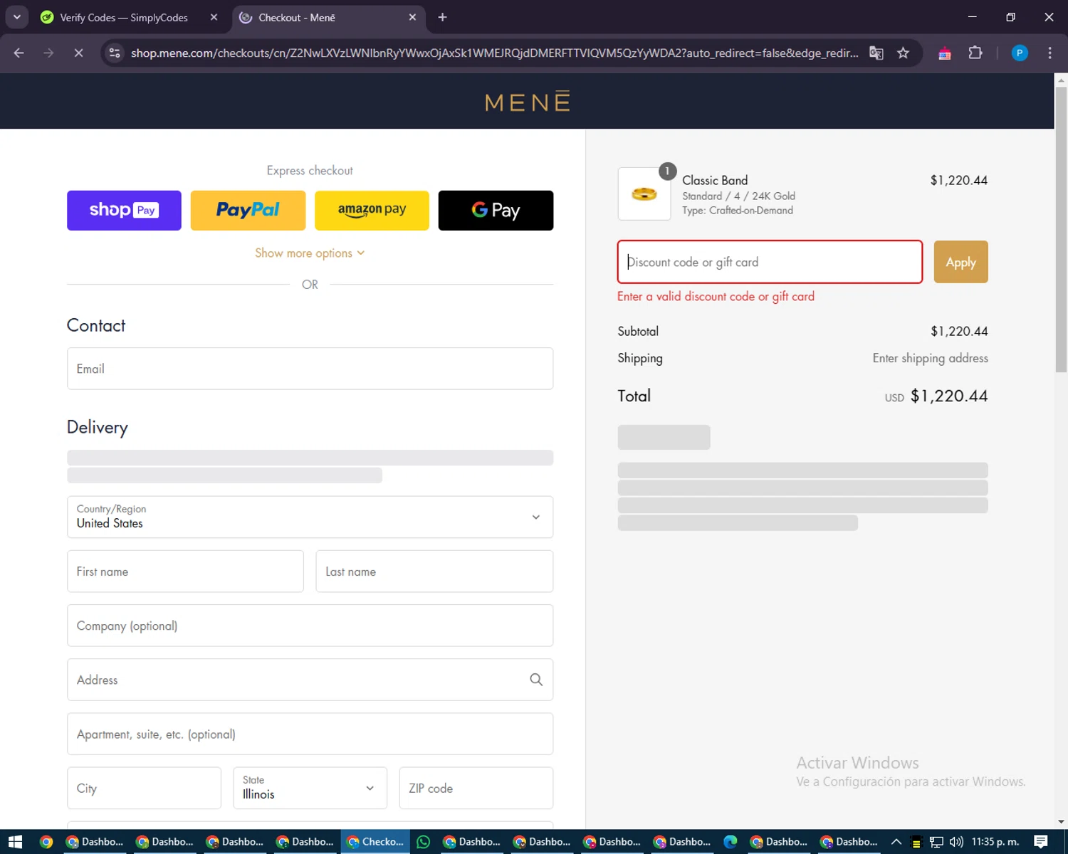 Menē promo code screenshot showing code CC-FIRSTORDER applied at Menē checkout page. Uploaded by SimplyCodes community member juiceWRLD on Feb 24, 2025