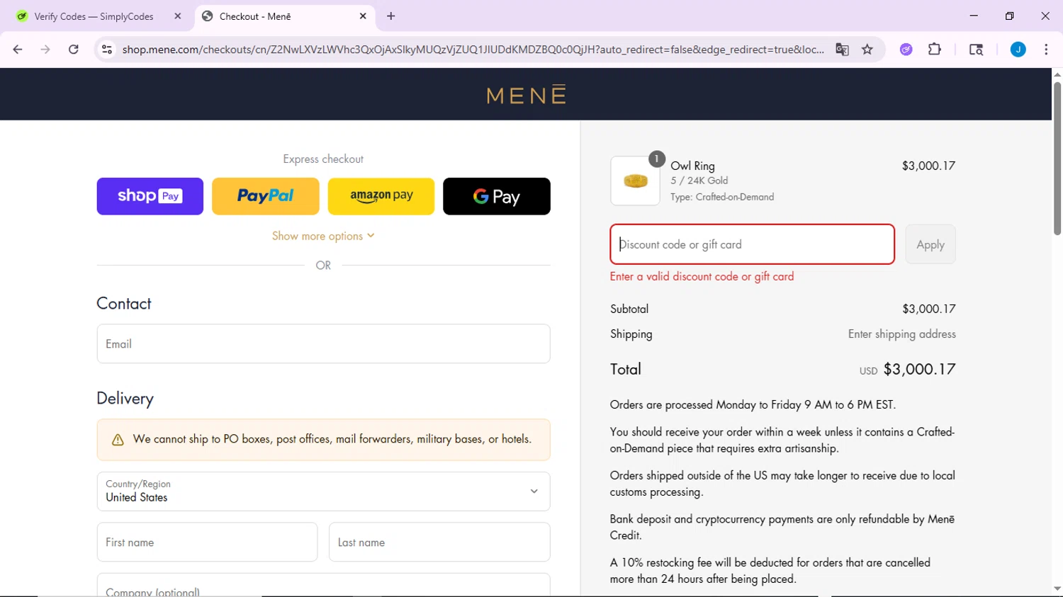 Menē promo code screenshot showing code meneSummer applied at Menē checkout page. Uploaded by SimplyCodes community member CodeLynx3161 on Jun 18, 2025