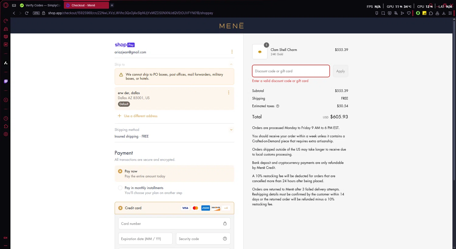 Menē promo code screenshot showing code first applied at Menē checkout page. Uploaded by SimplyCodes community member Chris_bumstead on Jul 8, 2025