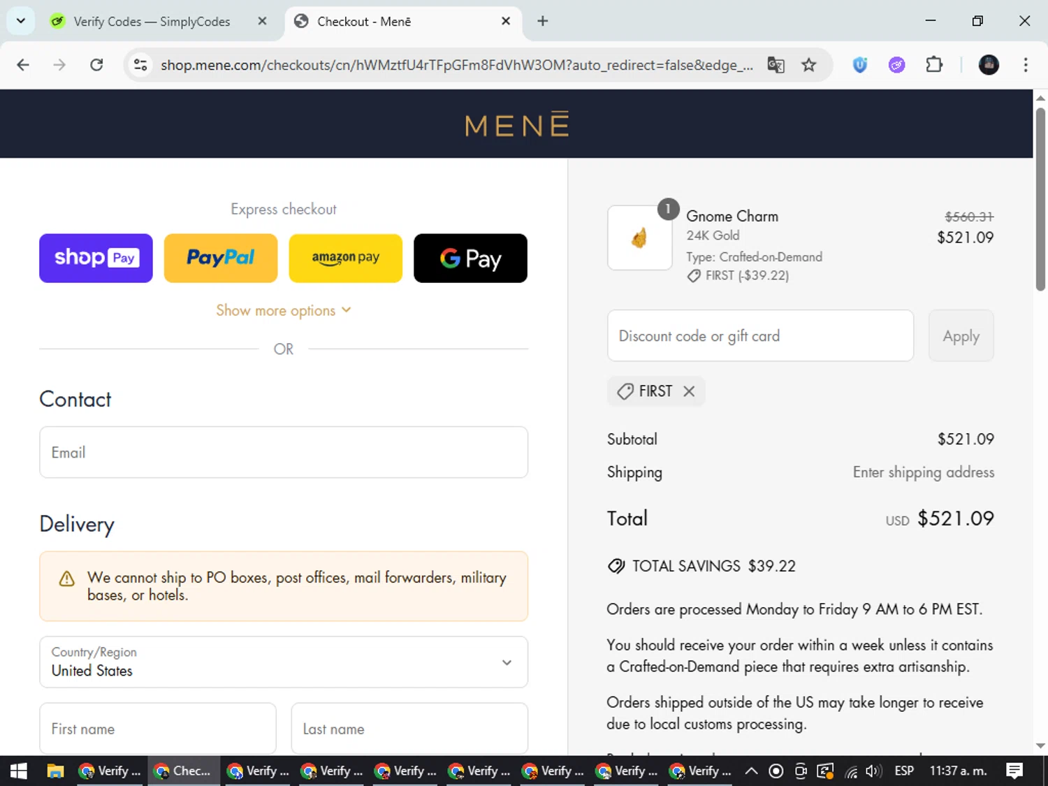 Menē checkout page showing Menē promo code box | Screenshot taken by SimplyCodes community member on Jun 25, 2025