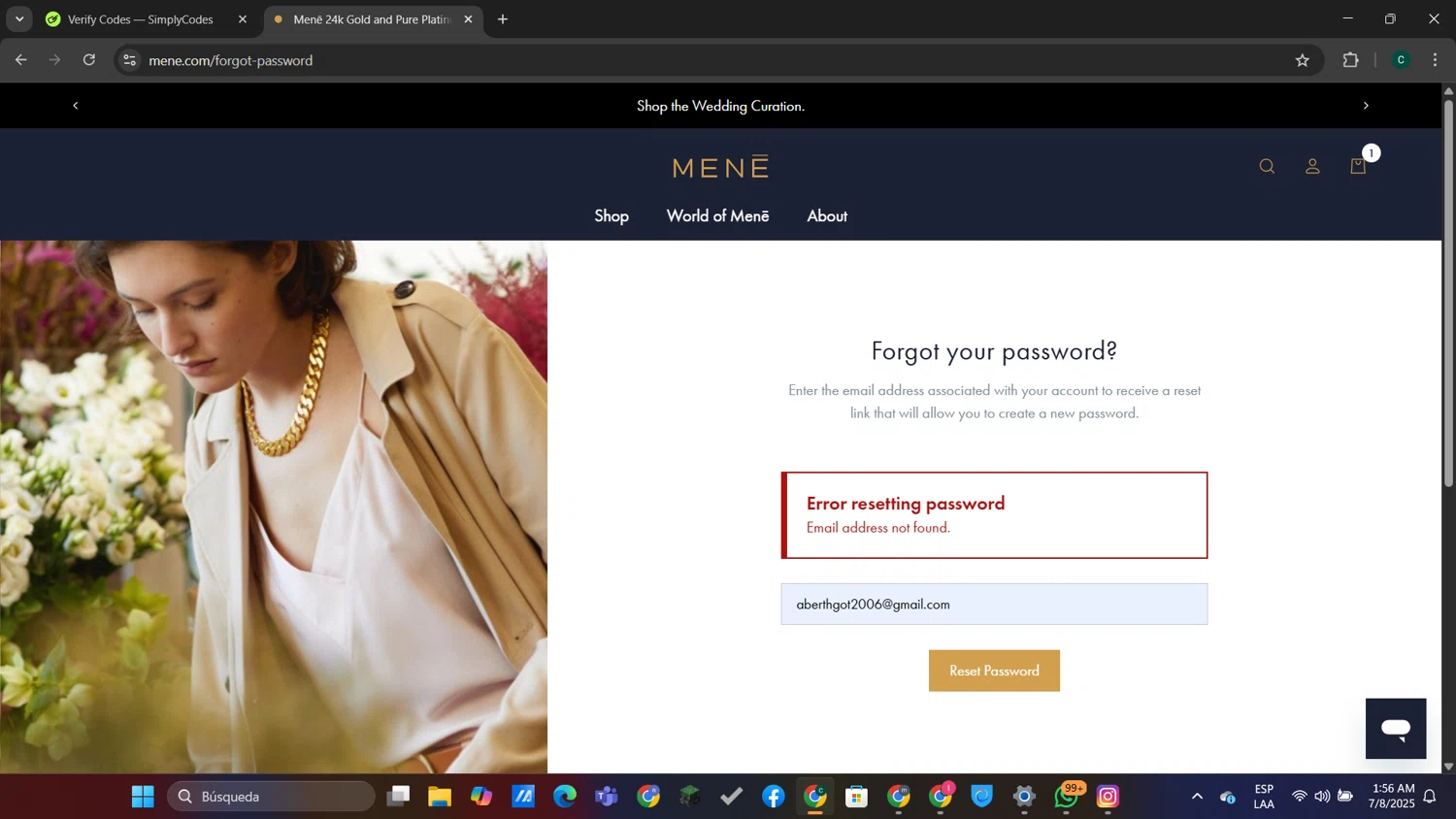 Menē promo code screenshot showing code first applied at Menē checkout page. Uploaded by SimplyCodes community member neygoot on Jul 8, 2025
