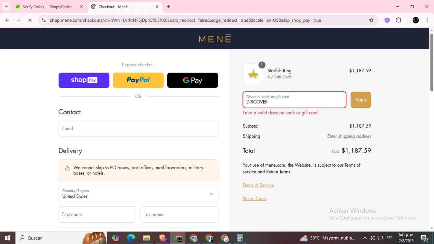 Menē promo code screenshot showing code DISCOVER applied at Menē checkout page. Uploaded by SimplyCodes community member BargainWizard5755 on Aug 2, 2025