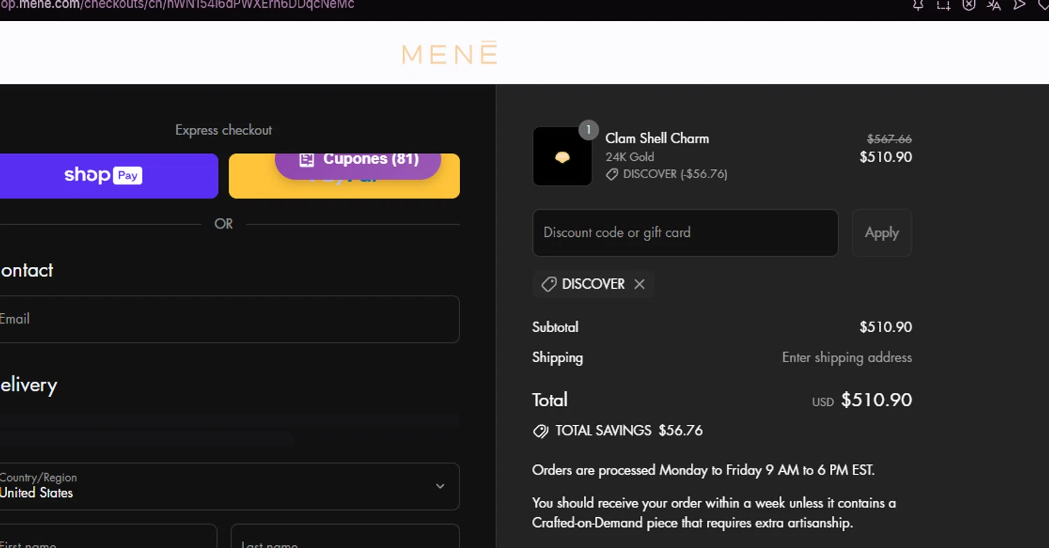 Menē checkout page showing Menē promo code box | Screenshot taken by SimplyCodes community member on Jul 26, 2025