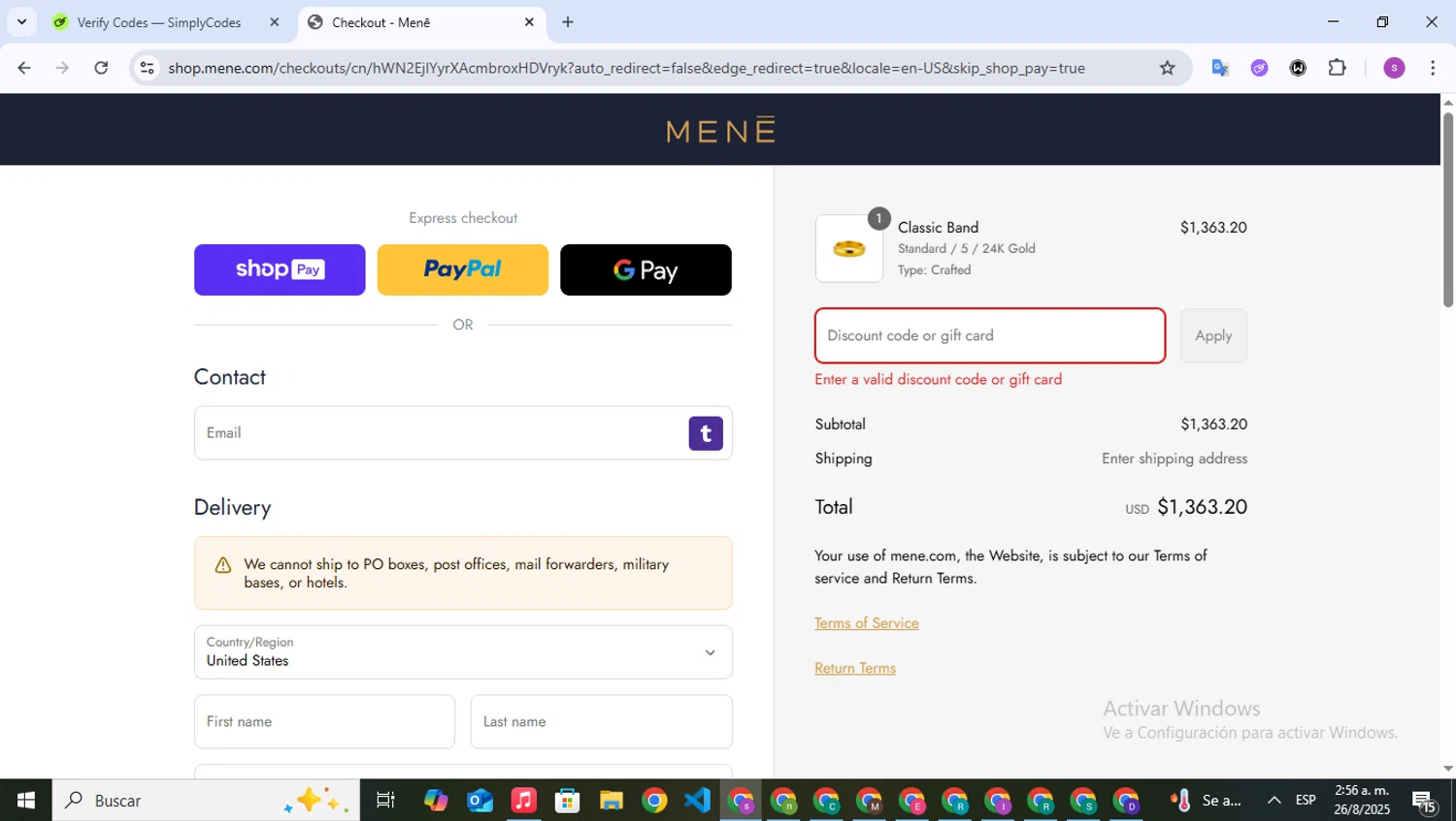 Menē promo code screenshot showing code PUREMENE applied at Menē checkout page. Uploaded by SimplyCodes community member WonderPioneer5062 on Aug 26, 2025