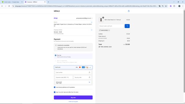 Menaji checkout page showing Menaji coupon code box | Screenshot taken by SimplyCodes community member on Aug 31, 2025