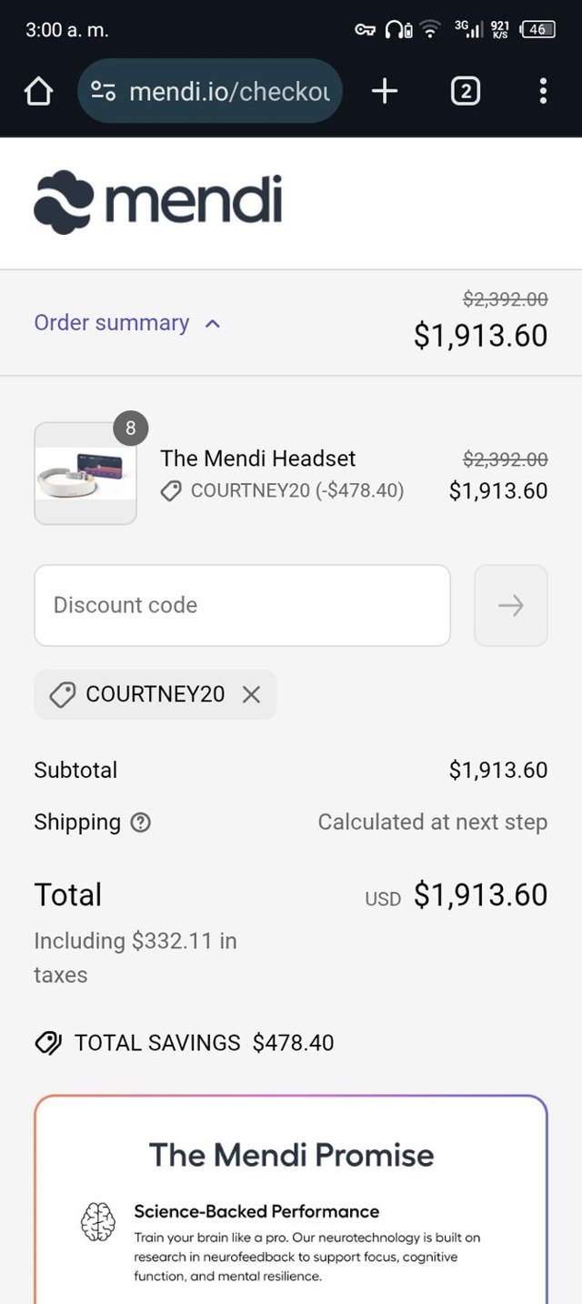 Mendi.io checkout page showing Mendi.io promo code box | Screenshot taken by SimplyCodes community member on May 22, 2025