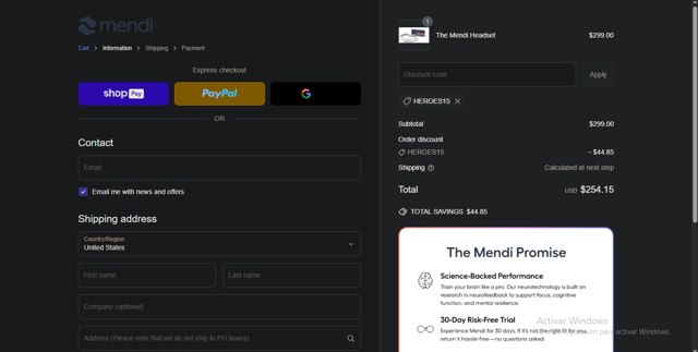 Mendi.io checkout page showing Mendi.io promo code box | Screenshot taken by SimplyCodes community member on Jun 20, 2025