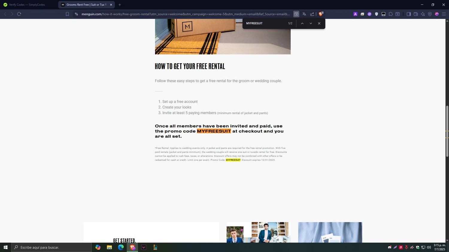 Menguin promo code screenshot showing code MYFREESUIT applied at Menguin checkout page. Uploaded by SimplyCodes community member Tragedy on Jul 7, 2025