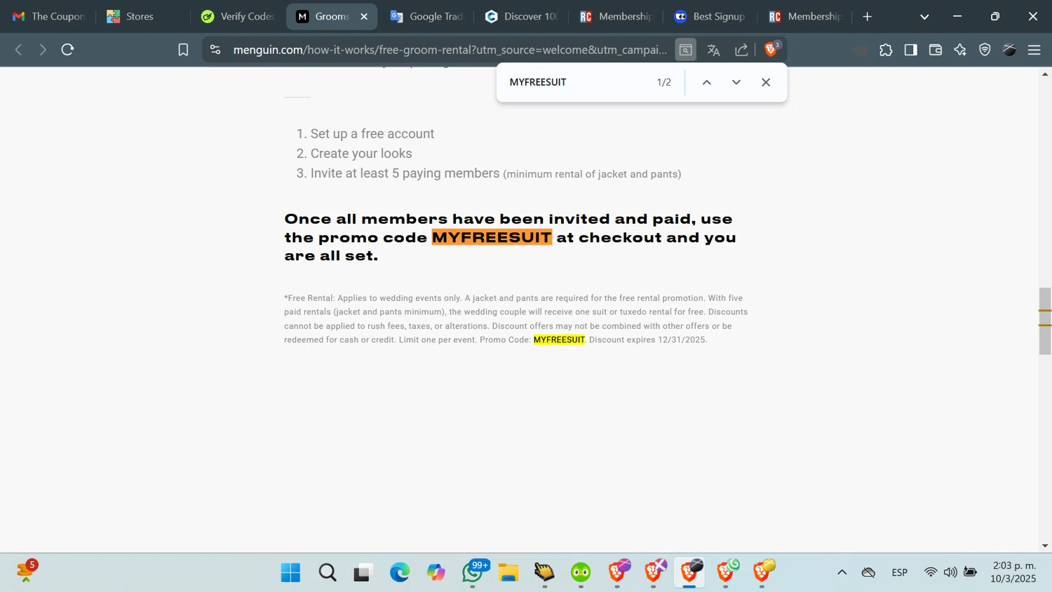 Menguin promo code screenshot showing code MYFREESUIT applied at Menguin checkout page. Uploaded by SimplyCodes community member QuestFinder8736 on Mar 10, 2025