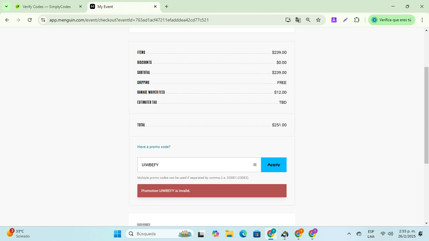 Menguin promo code screenshot showing code UIWBEFY applied at Menguin checkout page. Uploaded by SimplyCodes community member ycg487 on Feb 26, 2025