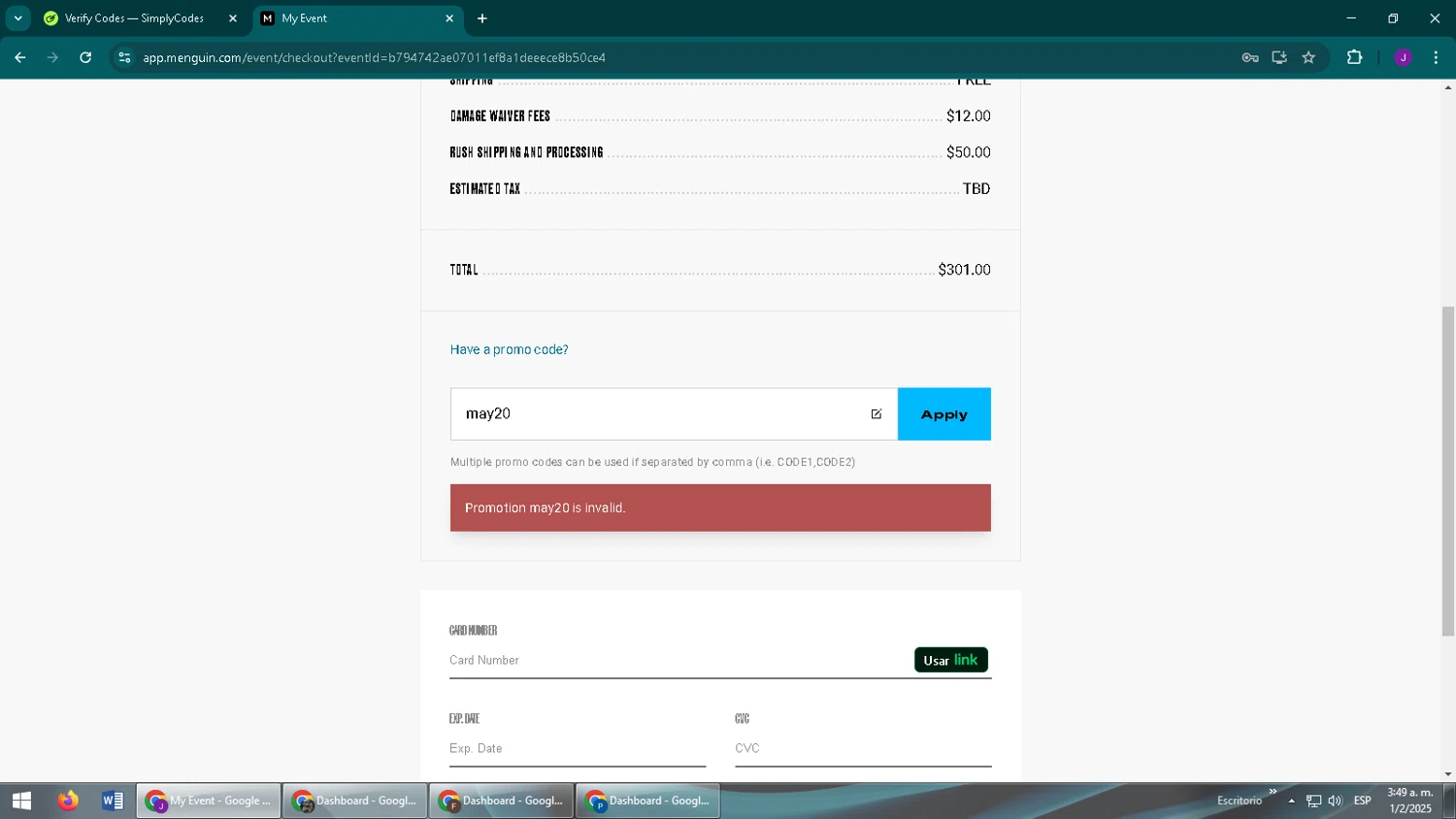 Menguin promo code screenshot showing code may20 applied at Menguin checkout page. Uploaded by SimplyCodes community member ComeBurra123 on Feb 1, 2025