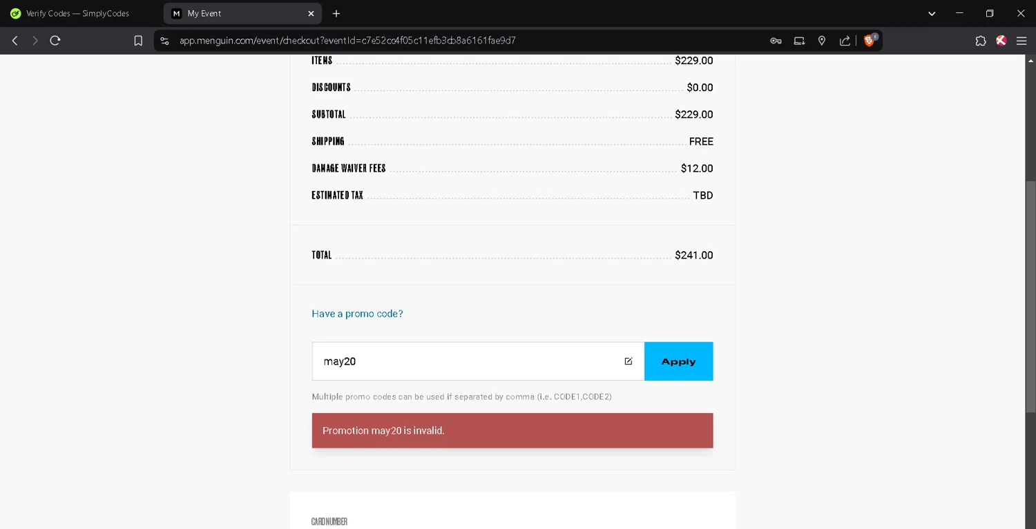 Menguin promo code screenshot showing code may20 applied at Menguin checkout page. Uploaded by SimplyCodes community member JosephStevens774 on Feb 21, 2025