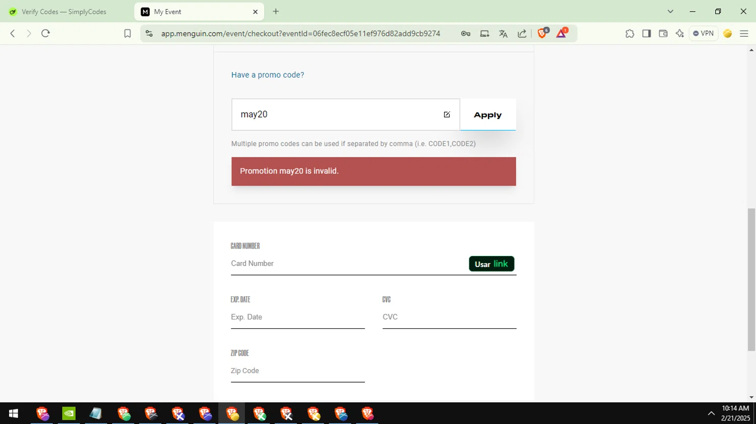 Menguin promo code screenshot showing code may20 applied at Menguin checkout page. Uploaded by SimplyCodes community member GloriousSage2502 on Feb 21, 2025