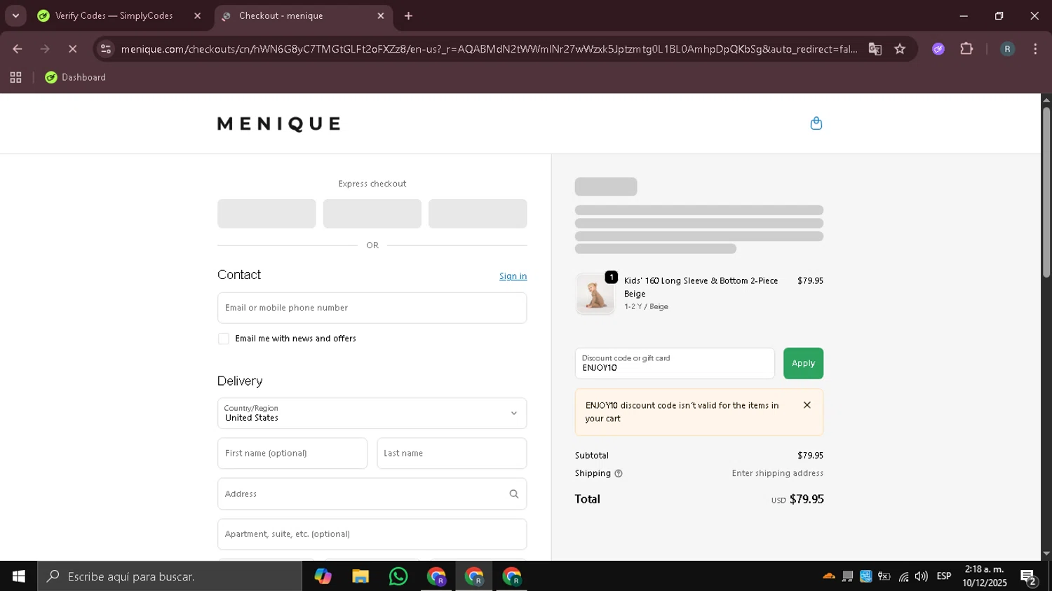 Menique discount code screenshot showing code ENJOY10 applied at Menique checkout page. Uploaded by SimplyCodes community member DealHawk3765 on Dec 10, 2025