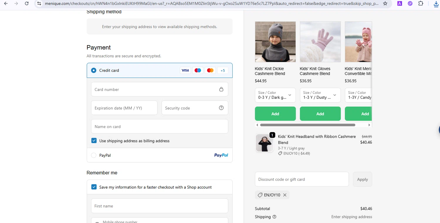 Menique discount code screenshot showing code ENJOY10 applied at Menique checkout page. Uploaded by SimplyCodes community member Kuromi on Nov 1, 2025