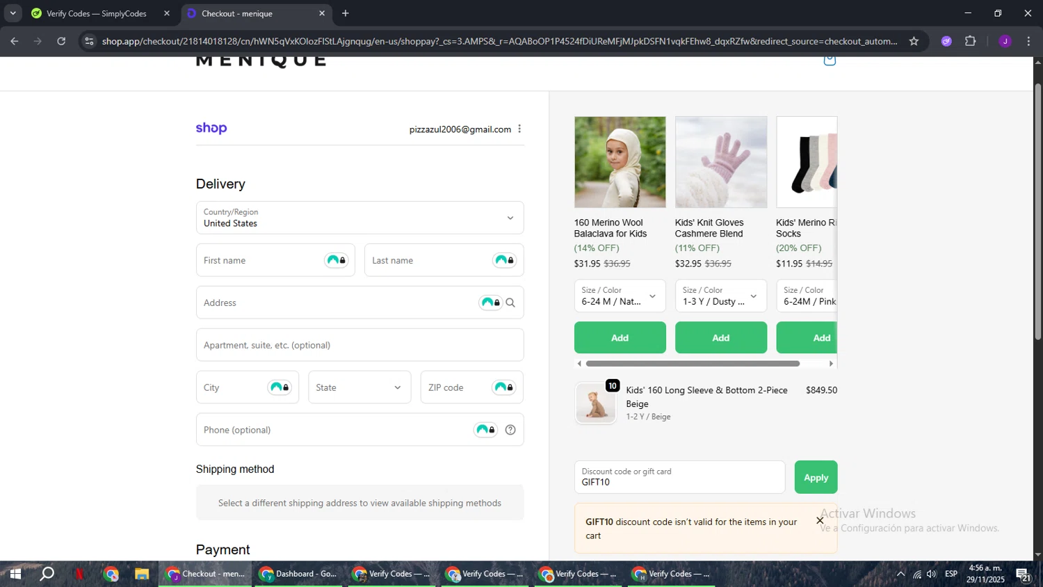 Menique discount code screenshot showing code GIFT10 applied at Menique checkout page. Uploaded by SimplyCodes community member ComeBurra123 on Nov 29, 2025
