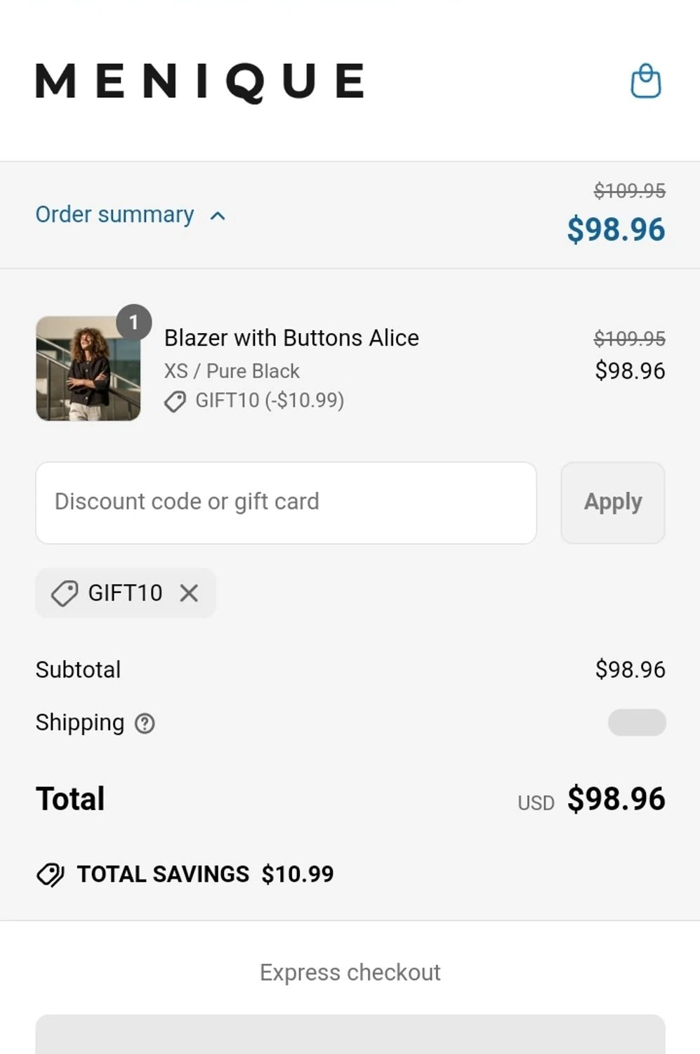 Menique discount code screenshot showing code GIFT10 applied at Menique checkout page. Uploaded by SimplyCodes community member enmanuelsanchez1 on Apr 30, 2025