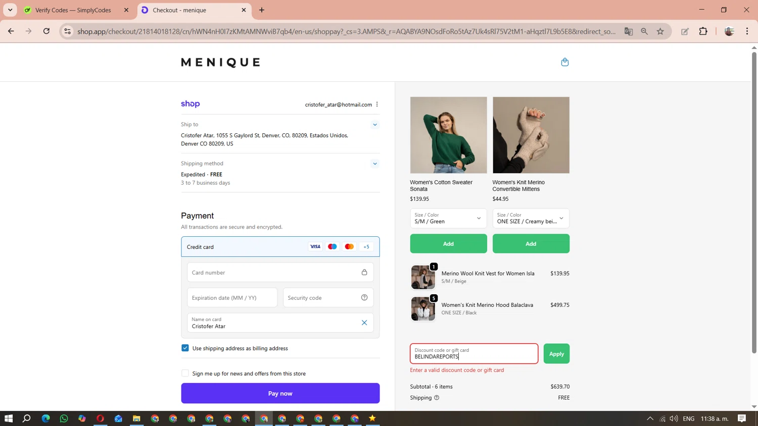 Menique discount code screenshot showing code BELINDAREPORTS applied at Menique checkout page. Uploaded by SimplyCodes community member MariAPB on Nov 1, 2025