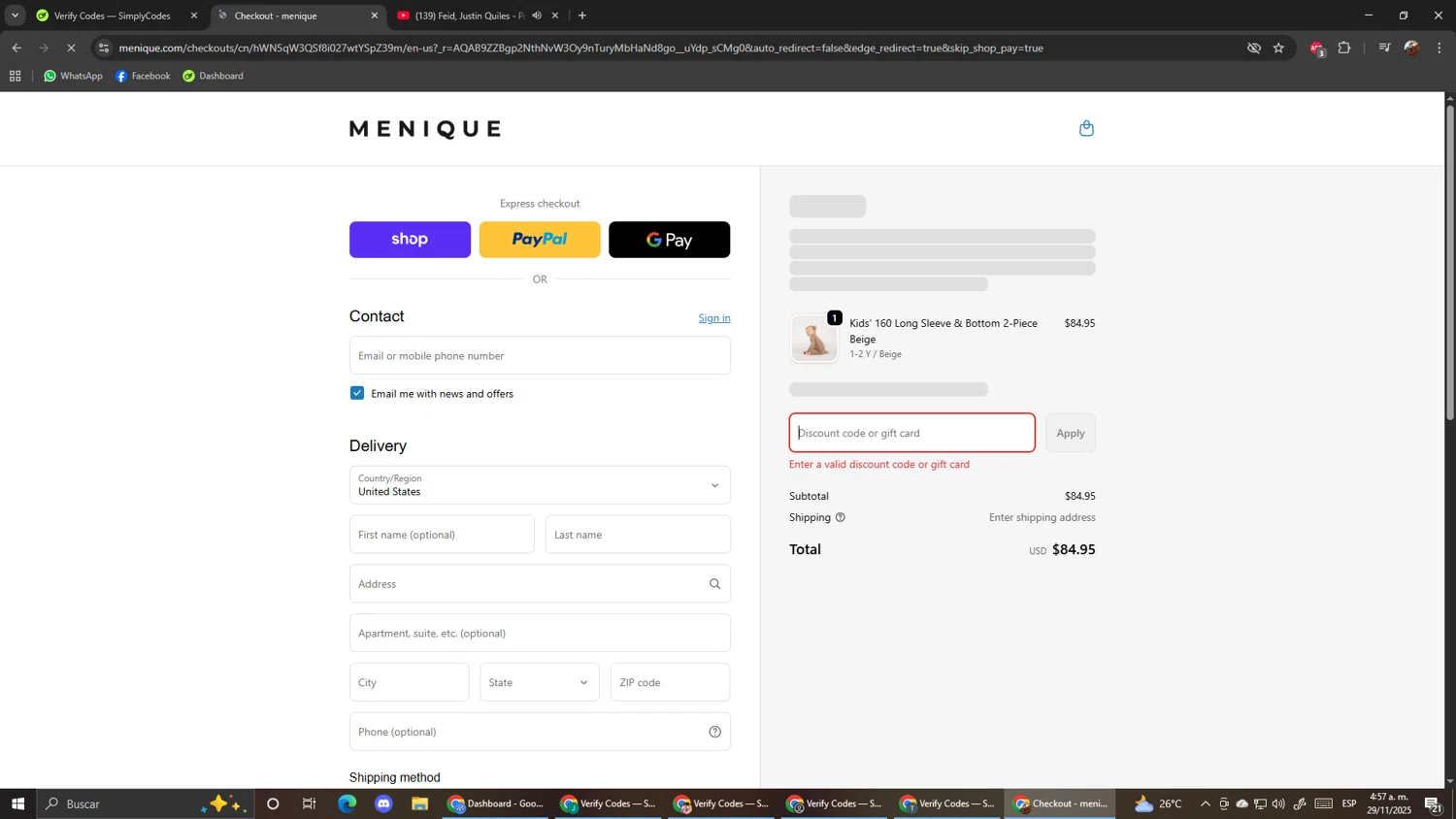 Menique discount code screenshot showing code EARLYBIRD applied at Menique checkout page. Uploaded by SimplyCodes community member ScanShopper554 on Nov 29, 2025