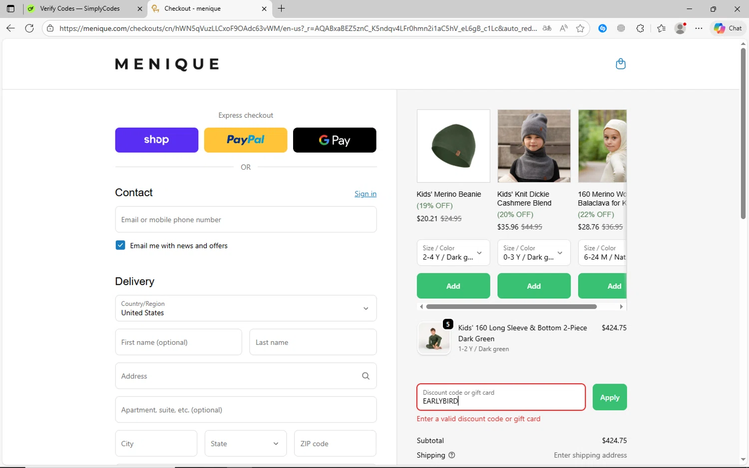 Menique discount code screenshot showing code EARLYBIRD applied at Menique checkout page. Uploaded by SimplyCodes community member jhoanDepp on Nov 29, 2025