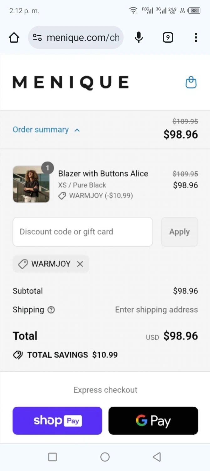 Menique discount code screenshot showing code Warmjoy applied at Menique checkout page. Uploaded by SimplyCodes community member shark12 on Jul 20, 2025