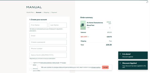 MenofManual checkout page showing MenofManual promo code box | Screenshot taken by SimplyCodes community member on Aug 21, 2025
