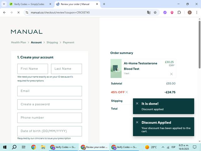 MenofManual checkout page showing MenofManual promo code box | Screenshot taken by SimplyCodes community member on Aug 16, 2025
